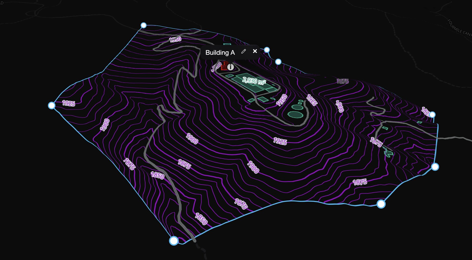 Purple elevation contours across a selected hillside, with a building annotation and measured area.