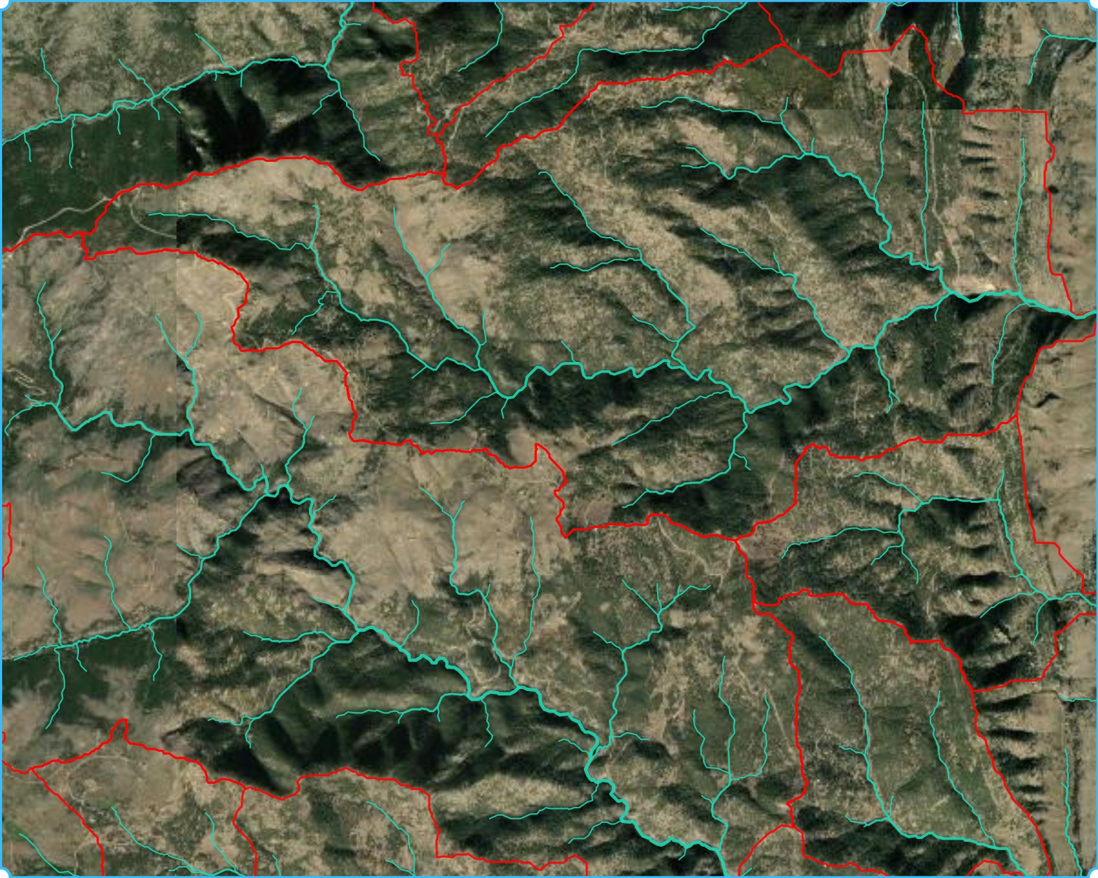 Turquoise drainage channels and red watershed boundaries over satellite imagery.