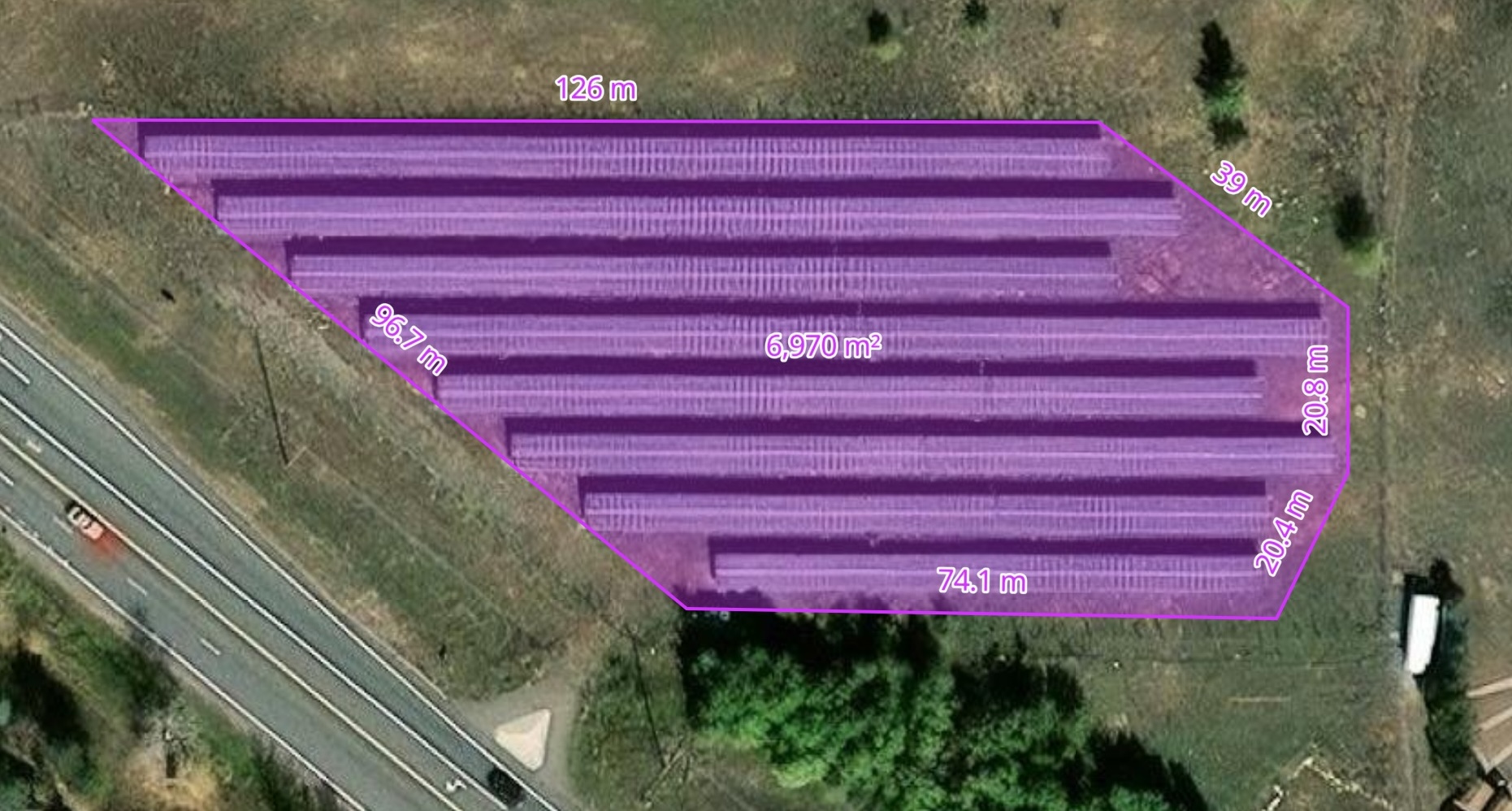 An orange polygon drawn over satellite imagery, with edge lengths and an area measurement of 11,726 square meters.
