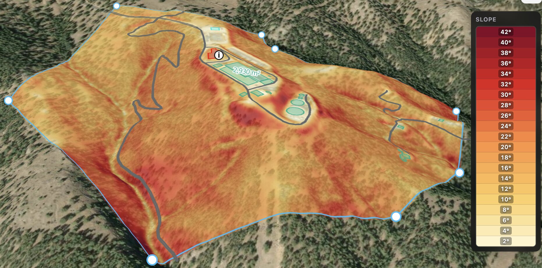 A hillside colored by slope steepness, with a legend ranging from 2 to 42 degrees.