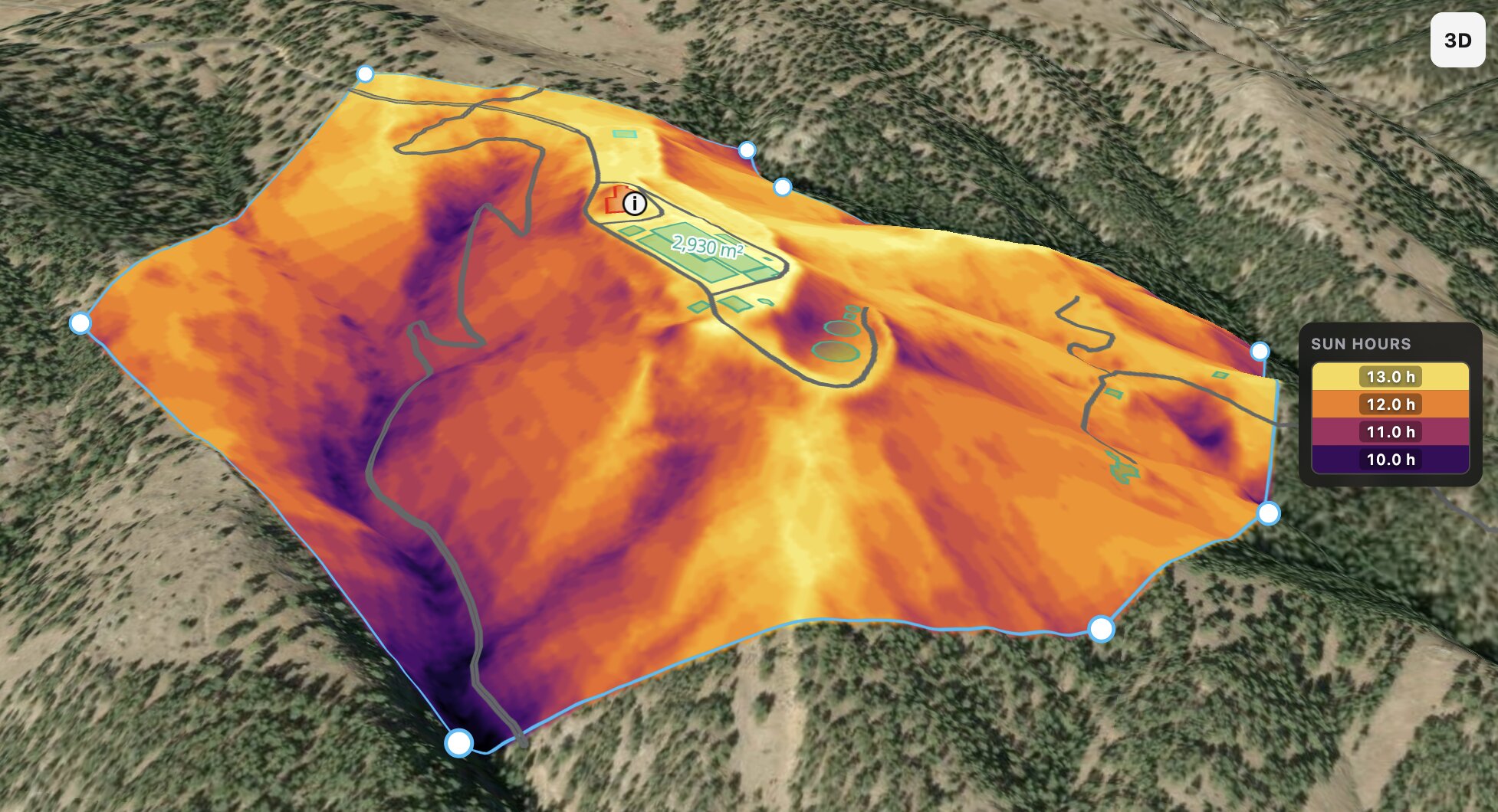 Sun exposure across the same hillside, colored from purple to yellow with a 10 to 13 sun-hour legend.